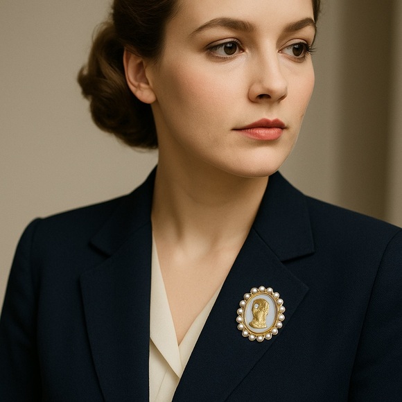 Vintage-Inspired Cameo Pearl Brooch – Gold Knight Design New Arrivals - Picture 3 of 3